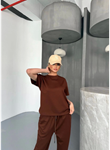 Osy Modal Yumuşak Dokulu Kumaş Kısa Kollu Bluz Rahat Pantalon Ikili Takım- Kahverengi