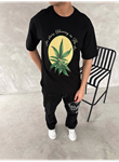 Ön Ve Arka Baskılı Oversize Bisiklet Yaka T-shirt- Siyah