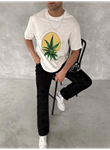 Ön Ve Arka Baskılı Oversize Bisiklet Yaka T-shirt- Beyaz