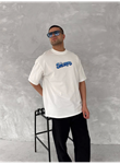Ön Ve Arka Baskılı Oversize Bisiklet Yaka T-shirt- Beyaz