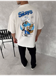 Ön Ve Arka Baskılı Oversize Bisiklet Yaka T-shirt- Beyaz