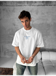 Ön Ve Arka Baskılı Oversize Bisiklet Yaka T-shirt- Beyaz