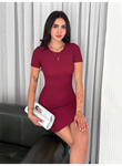 Bisiklet Yaka Kısa Kol Likralı Elbise - Bordo