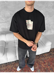 Ön Ve Arka Baskılı Oversize Bisiklet Yaka T-shirt - Siyah