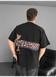 Ön Ve Arka Baskılı Oversize Bisiklet Yaka T-shirt - Siyah