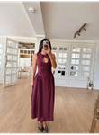 Kolsuz Uzun Kabardin Elbise - Bordo