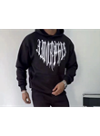 Uzun Kol Kapşonlu Baskılı SweatShirt - Siyah
