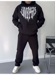 Uzun Kol Kapşonlu Baskılı SweatShirt - Siyah