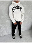 Unisex Üç İplik Kapşonlu Baskılı SweatShirt - Beyaz