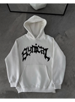 Kışlık Kapşonlu Baskılı Oversize SweatShirt- Beyaz