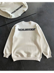 Kışlık Bisiklet Yaka Oversize Baskılı SweatShirt - Beyaz