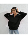 Unisex Uzun Kol Yarım Farmuarlı Yakalı Basic SweatShirt - Siyah