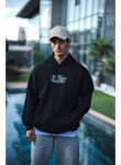 Üç İplik Penye Kapşonlu Baskılı SweatShirt - Siyah