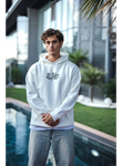 Üç İplik Penye Kapşonlu Baskılı SweatShirt - Beyaz