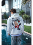 Üç İplik Penye Kapşonlu Baskılı SweatShirt - Beyaz