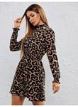 Kadın Yarım Balıkçı Yaka Uzun Kollu Leopar Desen Mini Elbise