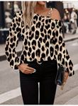 Kadın Uzun Kollu Tek Omuzu Açık Tokalı Leopar Desenli Modal Bluz