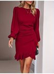 Kadın Uzun Kollu Bisiklet Yaka önden Volanlı Ithal Krep Elbise