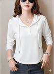 Kadın Uzun Kollu Kapşonlu Bağcıklı Düğmeli Viskon Iki Iplik Bluz