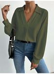 Kadın V Yaka Uzun Kollu Mosskrep Kumaş Bluz