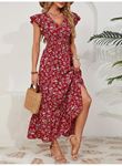 Kadın Kısa Kollu Kruvaze Yaka Beli Lastikli çiçek Desenli Elbise