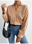 Kadın V Yaka Uzun Kollu Mosskrep Kumaş Bluz