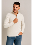 Erkek Yarım Fermuarlı Triko Kazak – Selanik Örgü, Dik Yaka, Pamuklu Dokuma, Regular Fit Uzun Kollu Kışlık Model - Beyaz