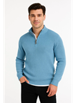 Erkek Yarım Fermuarlı Triko Kazak – Selanik Örgü, Dik Yaka, Pamuklu Dokuma, Regular Fit Uzun Kollu Kışlık Model - Bebe Mavisi