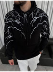 Yıldırım Baskılı Kapşonlu SweatShirt - Siyah