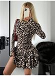 Kadın Uzun Kollu Balıkçı Yaka Fırfırlı Leopar Desenli Modal Elbise