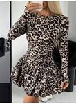 Kadın Uzun Kollu Balıkçı Yaka Fırfırlı Leopar Desenli Modal Elbise