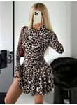Kadın Uzun Kollu Balıkçı Yaka Fırfırlı Leopar Desenli Modal Elbise