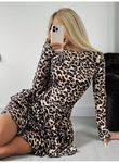 Kadın Uzun Kollu Balıkçı Yaka Fırfırlı Leopar Desenli Modal Elbise