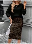 Kadın Uzun Kollu Bisiklet Yaka Modal Bluz Ve Leopar Desenli Etek Ikili Takım