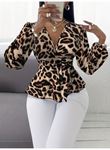 Kadın Uzun Kollu Kruvaze Yakalı Belden Kuşaklı Leopar Desenli Süprem Bluz