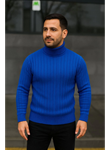 Erkek Balıkcı Yaka Bağazlı Triko Kazak Pamuklu Kalın Fitilli Dokuma, Regular Fit Uzun Kollu Kışlık Model - Saks Mavisi