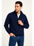Erkek Dik Yaka Sweatshirt Dik Yaka Yarım Fermuarlı 3 İplik Şardonlu Pamuk Kumaş - Lacivert