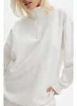 Unisex Uzun Kol Yarım Farmuarlı Yakalı Basic SweatShirt - Beyaz