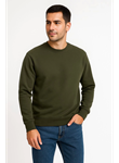 Erkek Üç İplik Düz Bisiklet Yaka SweatShirt - Haki