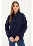 Üç İplik Dık Yaka Yarım Fermuarlı SweatShirt - Lacivert