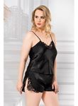 Büyük Beden Siyah Saten Babydoll Şort Takımı