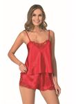 Kırmızı Saten Babydoll Şort Takımı