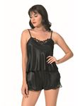 Siyah Saten Babydoll Şort Takımı