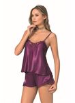 Mor Saten Babydoll Şort Takımı
