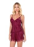 Bordo Saten Babydoll Şort Takımı