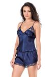 Lacivert Saten Babydoll Şort Takımı