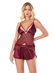 Bordo Saten Babydoll Şort Takımı
