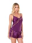 Mor Saten Babydoll Şort Takımı