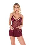 Bordo Saten Babydoll Şort Takımı
