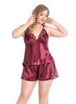 Büyük Beden Bordo Saten Babydoll Şort TakımI